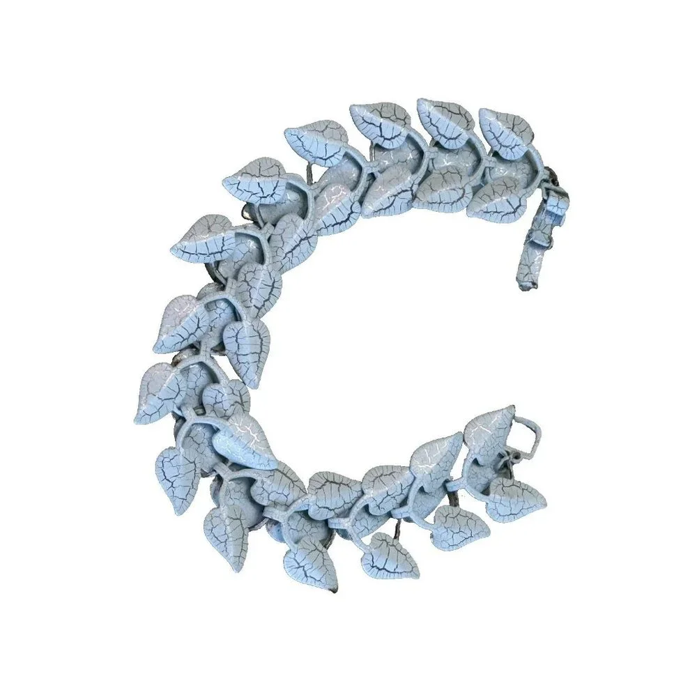 Vintage 1950's Blue and Silver Veined Enameled Articulated Leaf Bracele 7" - Picture 3 of 5